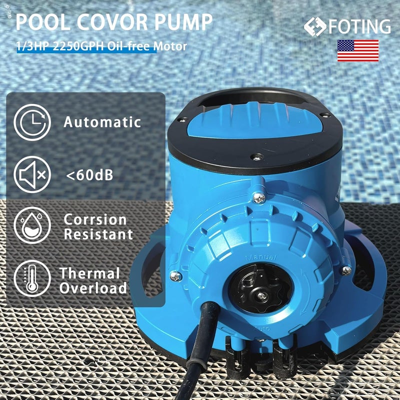 FOTING 1/3 HP Automatic Swimming Pool Cover Pump,2250 GPH Submersible Water Pump, Water Removal with 3/4” Check Valve Adapter & 25ft Power Cord, Drainage for Ponds, Rooftops, Water Beds - Image 3